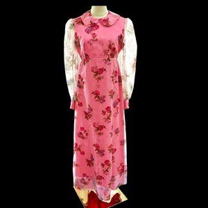 Vintage 70s Long Maxi Dress Pink Cottagecore Prairie Prom Sheer Chiffon Overlay